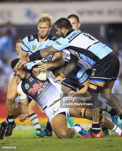 Viliame Kikau of the Panthers is tackled during the round seven NRL match between the Cronulla Sharks and the Penrith Panthers at Southern Cross...