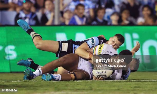 Viliame Kikau of the Panthers scores a try during the round seven NRL match between the Cronulla Sharks and the Penrith Panthers at Southern Cross...