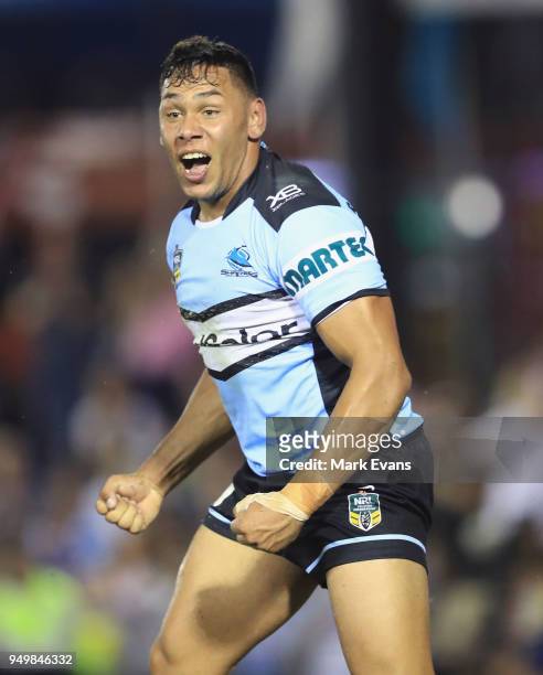 Jesse Ramien of the Sharks celebrates a try during the round seven NRL match between the Cronulla Sharks and the Penrith Panthers at Southern Cross...