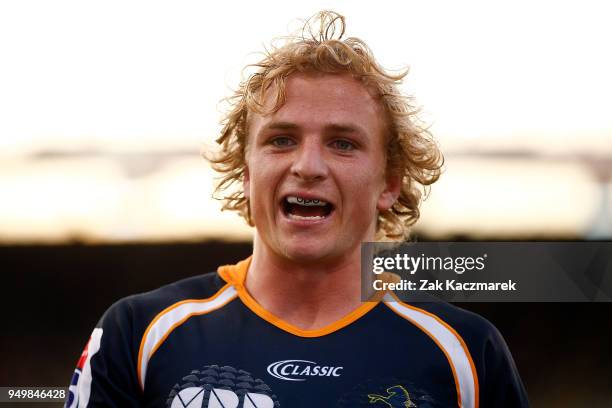 Joe Powell of the Brumbies reacts during the round 10 Super Rugby match between the Brumbies and the Jaguares at University of Canberra Stadium on...