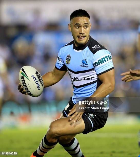 Valentine Holmes of the Sharks runs the ball during the round seven NRL match between the Cronulla Sharks and the Penrith Panthers at Southern Cross...