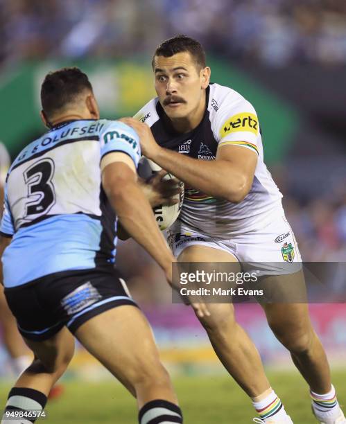 Reagan Campbell-Gillard of the Panthers runs the ball during the round seven NRL match between the Cronulla Sharks and the Penrith Panthers at...