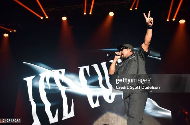 Rapper Ice Cube performs onstage during the KDay 93.5 Krush Groove concert at The Forum on April 21, 2018 in Inglewood, California.