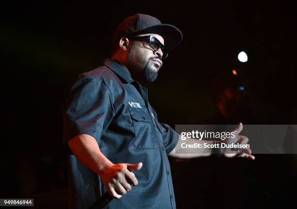 Rapper Ice Cube performs onstage during the KDay 93.5 Krush Groove concert at The Forum on April 21, 2018 in Inglewood, California.