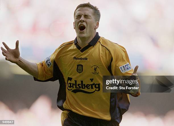 Michael Owen of Liverpool celebrates a goal in the AXA Sponsored FA Cup Final against Arsenal at the Millennium Stadium in Cardiff, Wales. Liverpool...