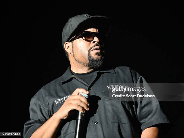 Rapper Ice Cube performs onstage during the KDay 93.5 Krush Groove concert at The Forum on April 21, 2018 in Inglewood, California.