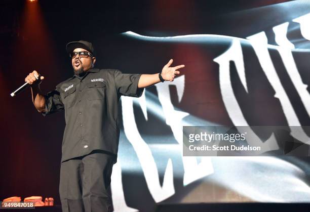 Rapper Ice Cube performs onstage during the KDay 93.5 Krush Groove concert at The Forum on April 21, 2018 in Inglewood, California.