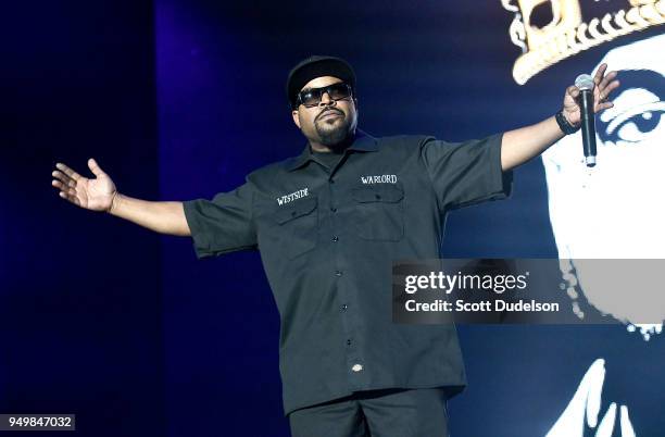 Rapper Ice Cube performs onstage during the KDay 93.5 Krush Groove concert at The Forum on April 21, 2018 in Inglewood, California.