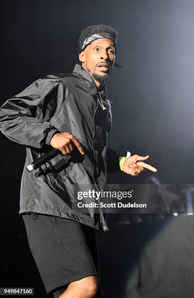 Rapper Stix performs onstage during the KDay 93.5 Krush Groove concert at The Forum on April 21, 2018 in Inglewood, California.