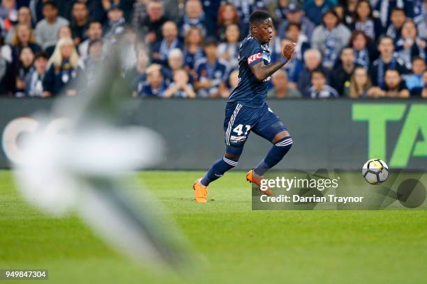 Leroy George of the Victory runs with the ball during the A-League Elimination Final match between Melbourne Victory and Adelaide United at AAMI Park...