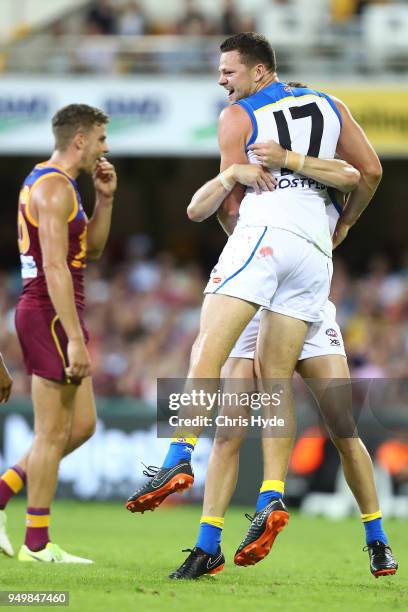 Steven May of the Suns celebrates a goal during the round five AFL match between the Brisbane Lions and the Gold Coast Suns at The Gabba on April 22,...