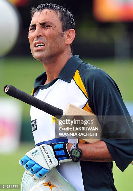 Pakistan cricket captain Younus Khan looks on as he takes part in a practice session at the P. Saravanamuttu Stadium in Colombo on July 11, 2009. Sri...