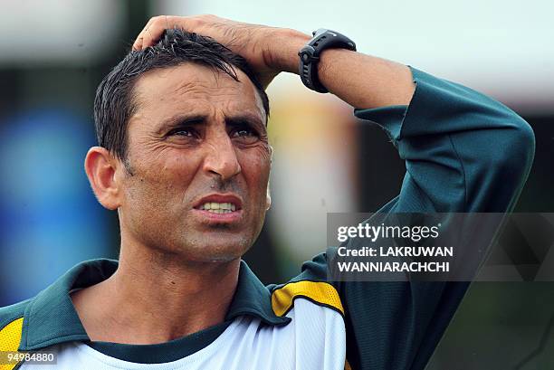 Pakistan cricket captain Younus Khan looks on as he takes part in a practice session at the P. Saravanamuttu Stadium in Colombo on July 11, 2009. Sri...