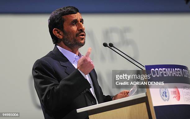 Iranian President Mahmoud Ahmadinejad delivers his speech during the plenary session at the Bella Center in Copenhagen on December 17, 2009 on the...