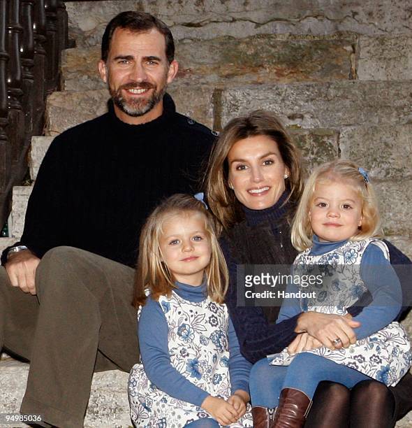 In this handout photo provided by the Spanish Royal House, Prince Felipe and Princess Letizia with children Princess Sofia and Princess Leonor of...