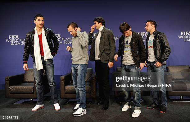 Cristiano Ronaldo, Andres Iniesta, Kaka, Lionel Messi and Xavi leave the stage after a press conference before the FIFA World Player Gala on December...