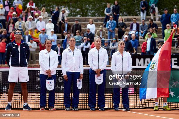 Team of Paraguay Captain Ramon Delgado, Veronica Cepede, Montserrat Gonzalez, Camila Giangreco and Lara Escauriza line up during the opening ceremony...