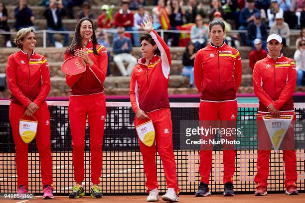 Team of Spain , Maria Jose Martinez, Georgina Garcia Perez, Carla Suarez Navarro, Garbine Muguruza and Captain Anabel Medina, line up during the...