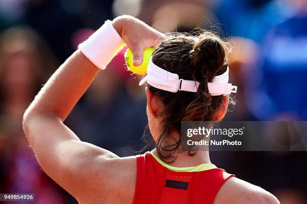 Garbine Muguruza of Spain looks on after the victory in her match against Montserrat Gonzalez of Paraguay during day one of the Fedcup World Group II...