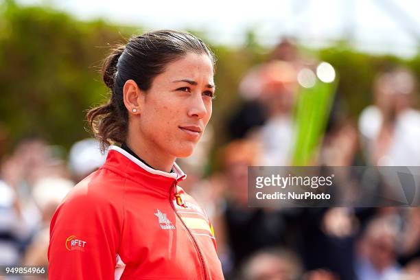 Garbine Muguruza of Spain looks on during the opening ceremony during day one of the Fedcup World Group II Play-offs match between Spain and Paraguay...