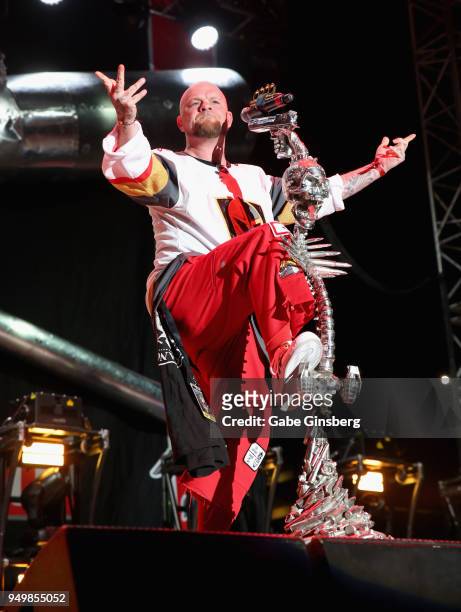 Singer Ivan Moody of Five Finger Death Punch performs during the Las Rageous music festival at the Downtown Las Vegas Events Center on April 21, 2018...