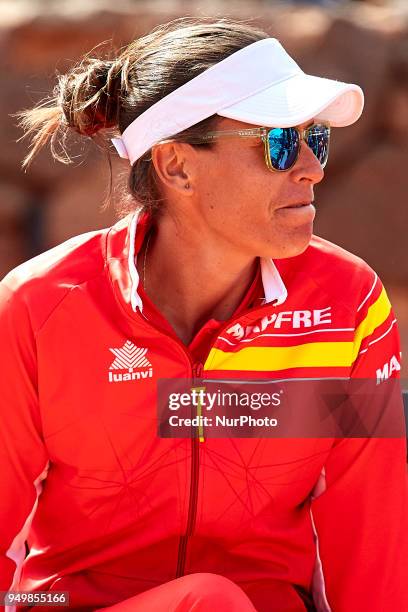 Anabel Medina Captain of Spain reacts during day one of the Fedcup World Group II Play-offs match between Spain and Paraguay at Centro de Tenis La...