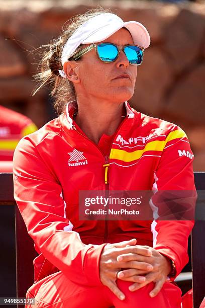 Anabel Medina Captain of Spain reacts during day one of the Fedcup World Group II Play-offs match between Spain and Paraguay at Centro de Tenis La...