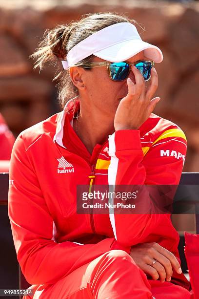 Anabel Medina Captain of Spain reacts during day one of the Fedcup World Group II Play-offs match between Spain and Paraguay at Centro de Tenis La...