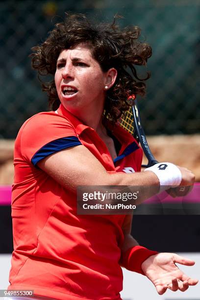 Carla Suarez Navarro of Spain in action in her match against Veronica Cepede Royg of Paraguay during day one of the Fedcup World Group II Play-offs...
