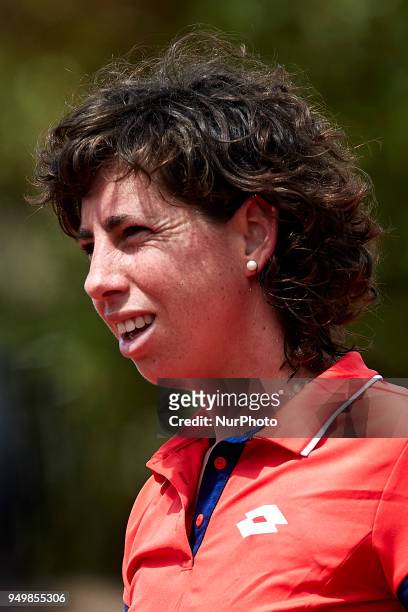 Carla Suarez Navarro of Spain looks on in her match against Veronica Cepede Royg of Paraguay during day one of the Fedcup World Group II Play-offs...