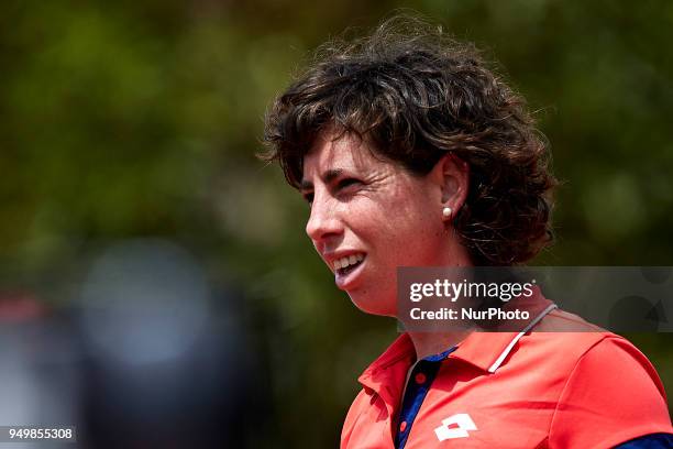 Carla Suarez Navarro of Spain looks on in her match against Veronica Cepede Royg of Paraguay during day one of the Fedcup World Group II Play-offs...