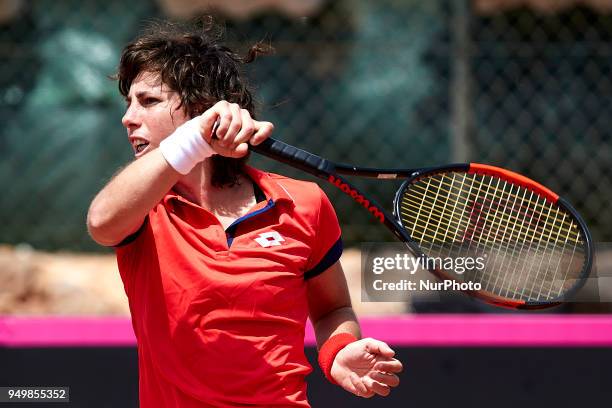 Carla Suarez Navarro of Spain in action in her match against Veronica Cepede Royg of Paraguay during day one of the Fedcup World Group II Play-offs...