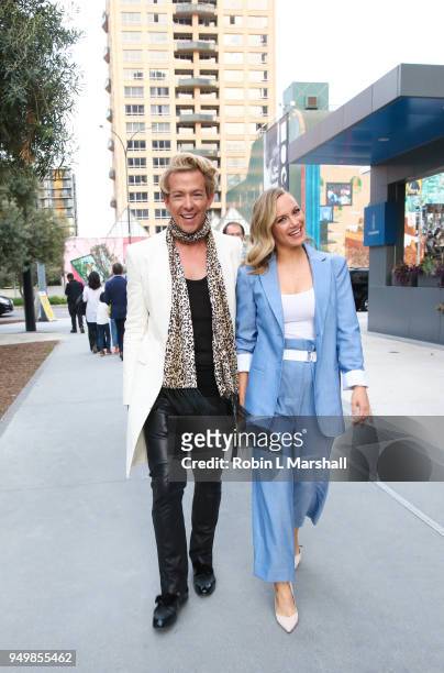 Fashion Stylist Derek Warburton and Actor Danielle Savre arrive at LaPalme Magazine Spring Issue Launch at Vespaio on April 21, 2018 in Los Angeles,...