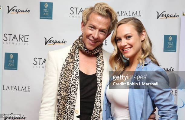 Fashion Stylist Derek Warburton and Actor Danielle Savre attend the LaPalme Magazine Spring Issue Launch at Vespaio on April 21, 2018 in Los Angeles,...