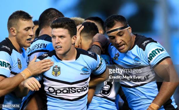 Sharks players celebrate a Valentine Holmes try during the round seven NRL match between the Cronulla Sharks and the Penrith Panthers at Southern...