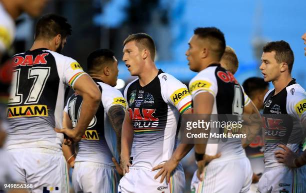 Panthers players gather after a Sharks try during the round seven NRL match between the Cronulla Sharks and the Penrith Panthers at Southern Cross...
