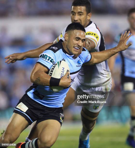 Valentine Holmes of the Sharks runs the ball during the round seven NRL match between the Cronulla Sharks and the Penrith Panthers at Southern Cross...
