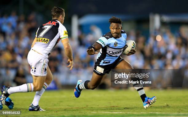 James Segeyaro of the Sharks runs the ball during the round seven NRL match between the Cronulla Sharks and the Penrith Panthers at Southern Cross...