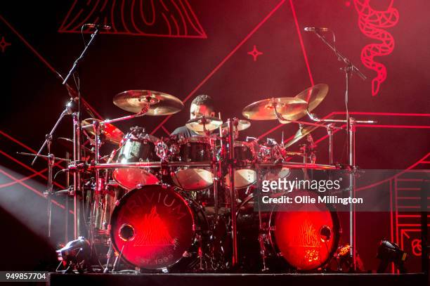Alex Bent of Trivium performs at O2 Academy Brixton on April 21, 2018 in London, England.