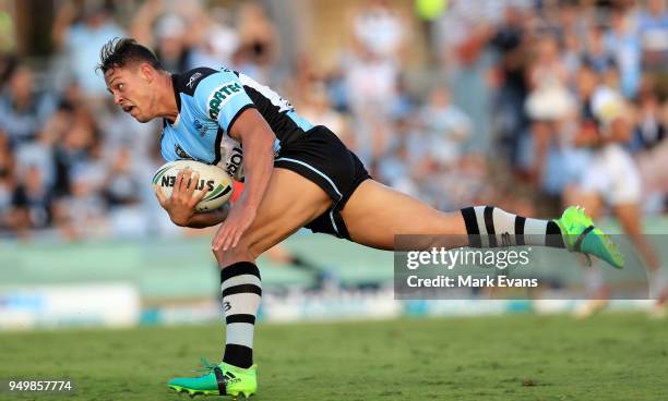 Scott Sorensen of the Sharks scores a try during the round seven NRL match between the Cronulla Sharks and the Penrith Panthers at Southern Cross...