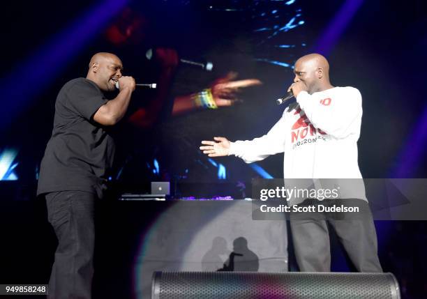 Rappers Deon Barnett and Kelton McDonald of the hip hop duo 2nd II None perform onstage during the KDay 93.5 Krush Groove concert at The Forum on...