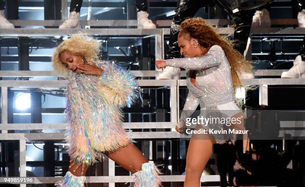 Solange Knowles and Beyonce Knowles perform onstage during the 2018 Coachella Valley Music And Arts Festival at the Empire Polo Field on April 21,...