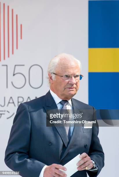 King Carl XVI Gustaf of Sweden arrives for an event at the Embassy of Sweden on April 22, 2018 in Tokyo, Japan. King Carl Gustav and Queen Silvia of...