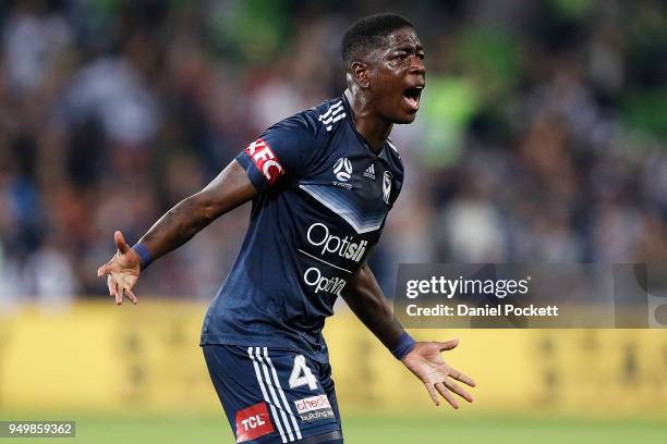 Leroy George of the Victory celevrates a goal during the A-League Elimination Final match between Melbourne Victory and Adelaide United at AAMI Park...