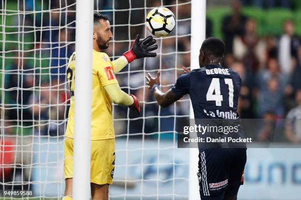 Adelaide United goalkeeper Paul Izzo throws the ball back after Leroy George of the Victory scored a goal during the A-League Elimination Final match...