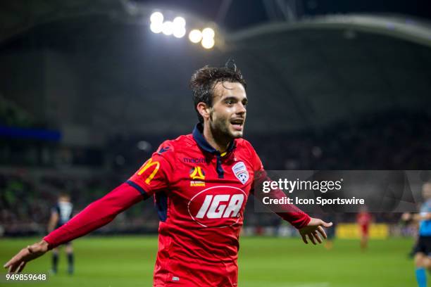 Nikola Mileusnic of Adelaide United celebrates scoring a goal during the Elimination Final of the Hyundai A-League Series between Melbourne Victory...