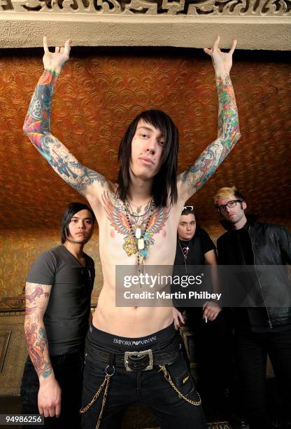 Anthony Improgo, Trace Cyrus, Mason Musso and Blake Healy of Metro Station pose for a group portrait at the Palais Theatre on February 24th, 2009 in...