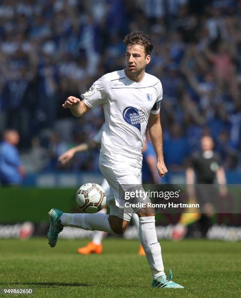 Christian Beck of 1. FC Magdeburg runs with the ball during the 3. Liga match between 1. FC Magdeburg and SC Fortuna Koeln at MDCC-Arena on April 21,...