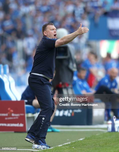 Head coach Uwe Koschinat of Fortuna Koeln gestures during the 3. Liga match between 1. FC Magdeburg and SC Fortuna Koeln at MDCC-Arena on April 21,...