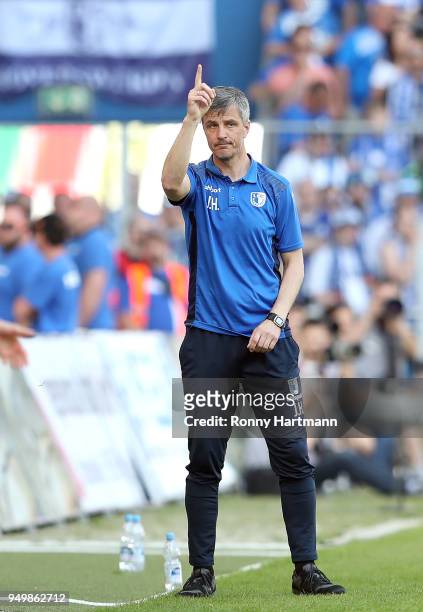 Head coach Jens Haertel of 1. FC Magdeburg reacts during the 3. Liga match between 1. FC Magdeburg and SC Fortuna Koeln at MDCC-Arena on April 21,...